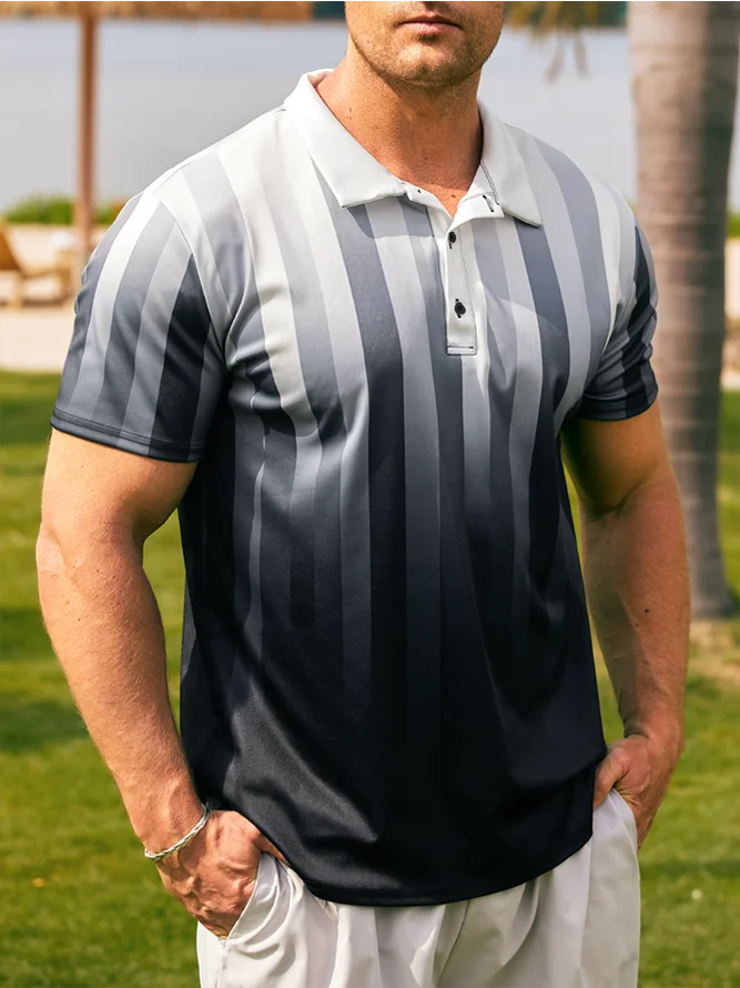 Hardaddy Casual Art Collection Gradient Striped Geometric Pattern Lapel Short Sleeve Polo Print Top