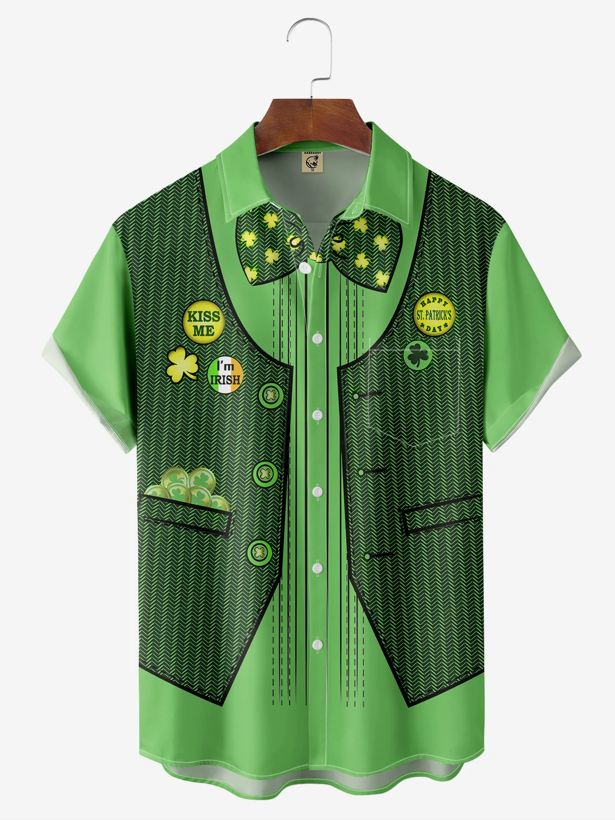 Hardaddy Hawaiian Button Up Shirt for Men Green St. Patrick's Day Lucky Clover Gold Coins Regular Fit Short Sleeve Shirt St Paddy's Day Shirt