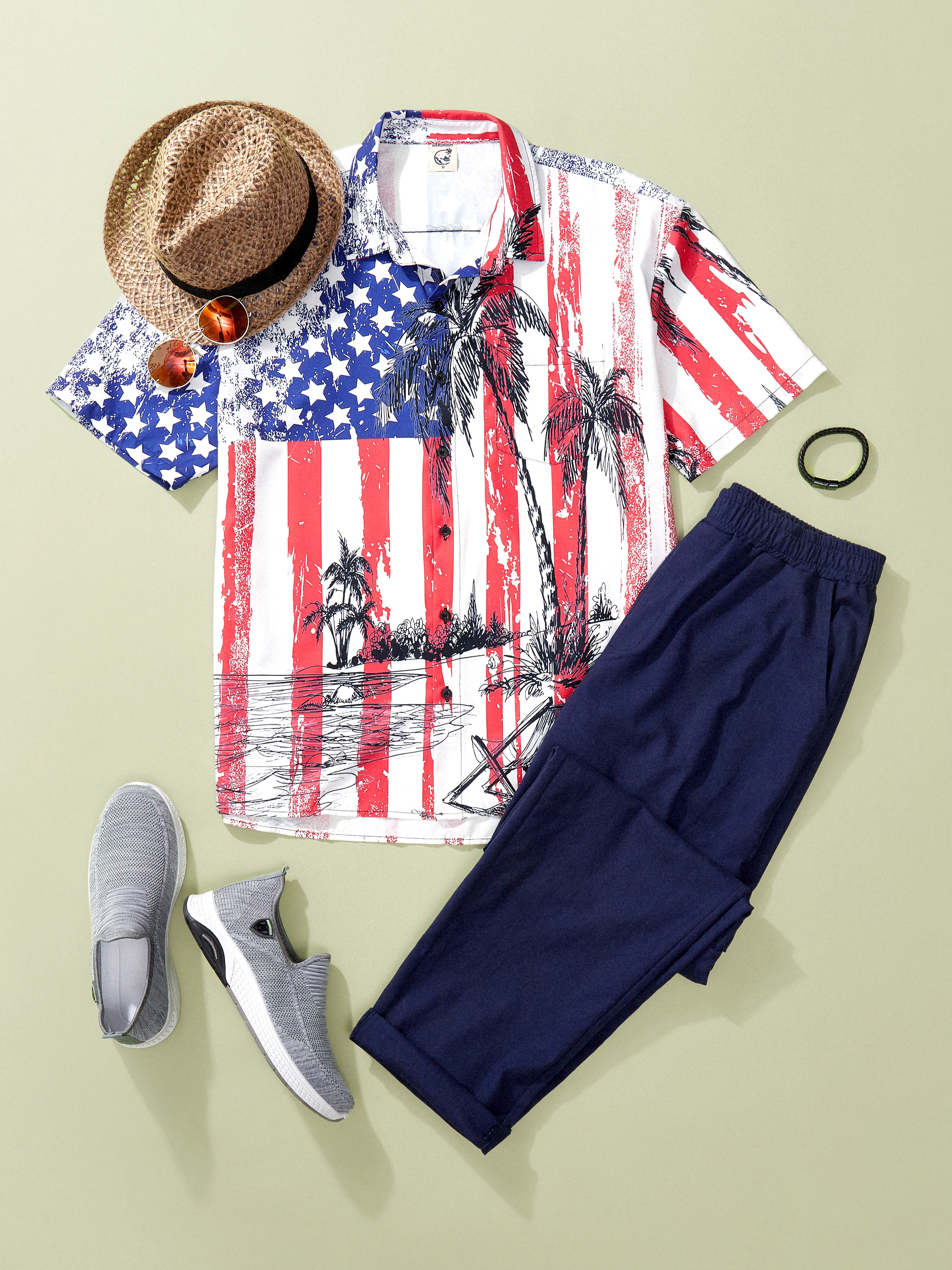 Hardaddy Patriotic Hawaiian Shirts Flag Coconut Tree Chest Pocket Short Sleeve Casual Shirt
