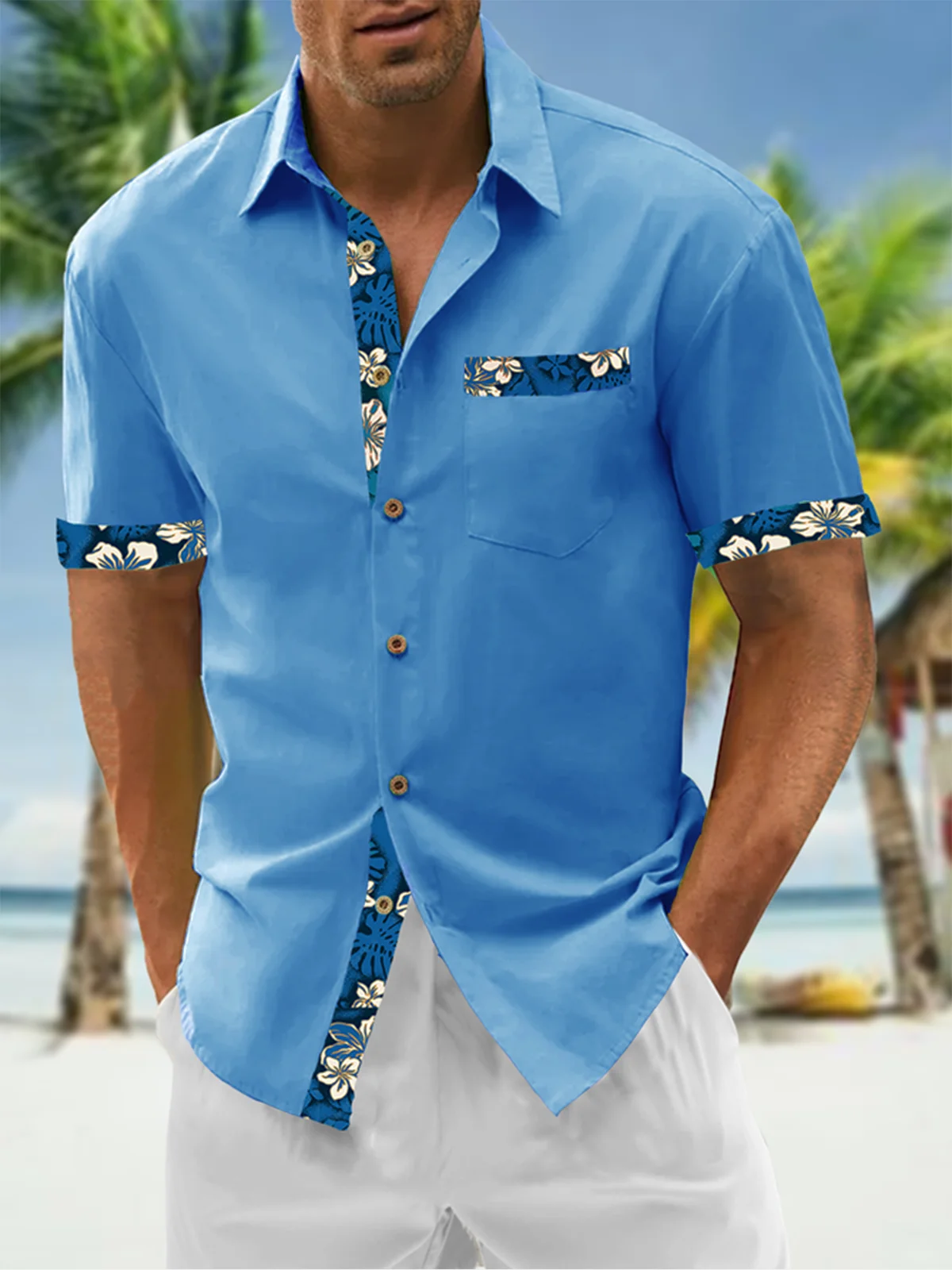 Hardaddy 100%Cotton Patchwork Floral Regular Fit Blue Men Short Sleeve Hawaiian Casual Shirt