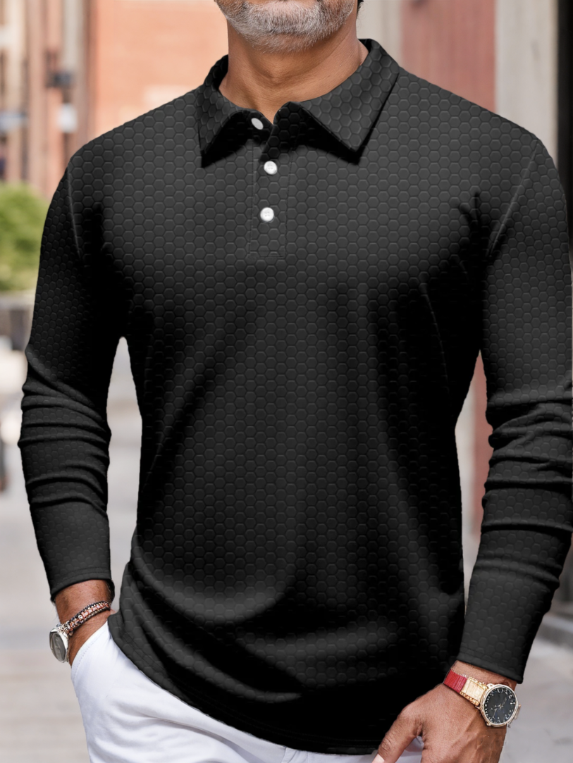 Hardaddy Gradient Hexagon Geometric Buttons Long Sleeve Polo
