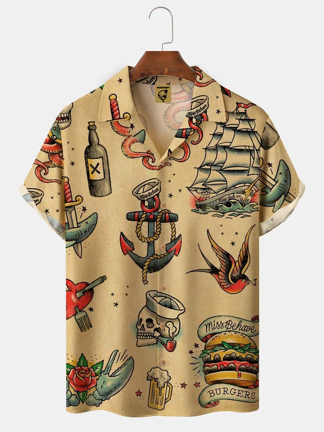 Hardaddy Mens Hawaiian Sailing Print Camp Collar Loose Short Sleeve Funky Tattoo Hawaiian Shirt