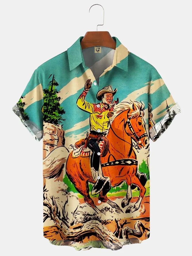 Men's Kentucky Derby Retro Western Cowboy Pocket Equestrian Casual Loose Comics Print Up To 4XLT Shirt
