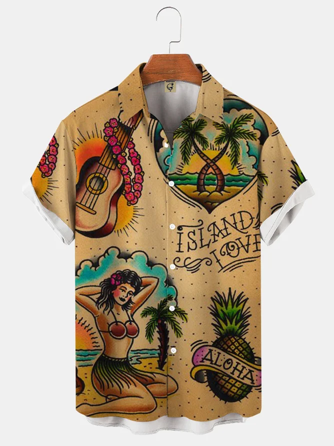 Hardaddy Mens Beach Print Casual Breathable Hawaiian Short Sleeve Shirt