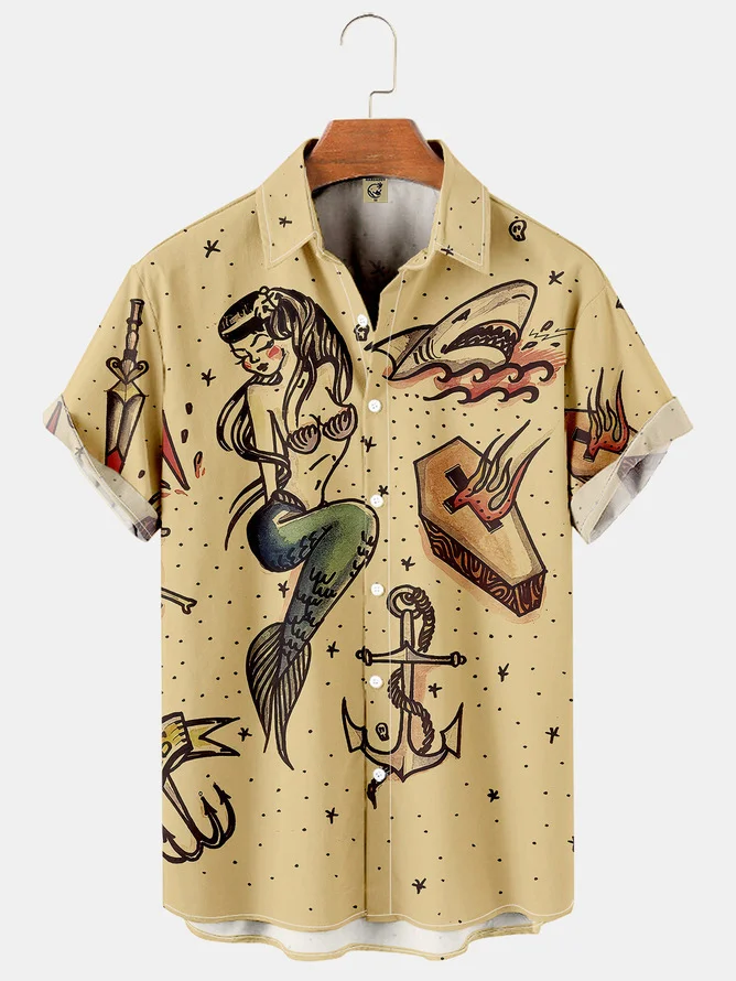 Hardaddy Men's Hawaiian Mermaid Ocean Element Retro Print Casual Breathable Short Sleeve Vintage Tattoo Hawaiian Shirt