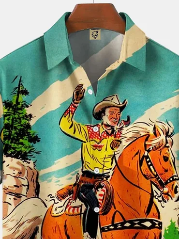 Men's Kentucky Derby Retro Western Cowboy Pocket Equestrian Casual Loose Comics Print Up To 4XLT Shirt