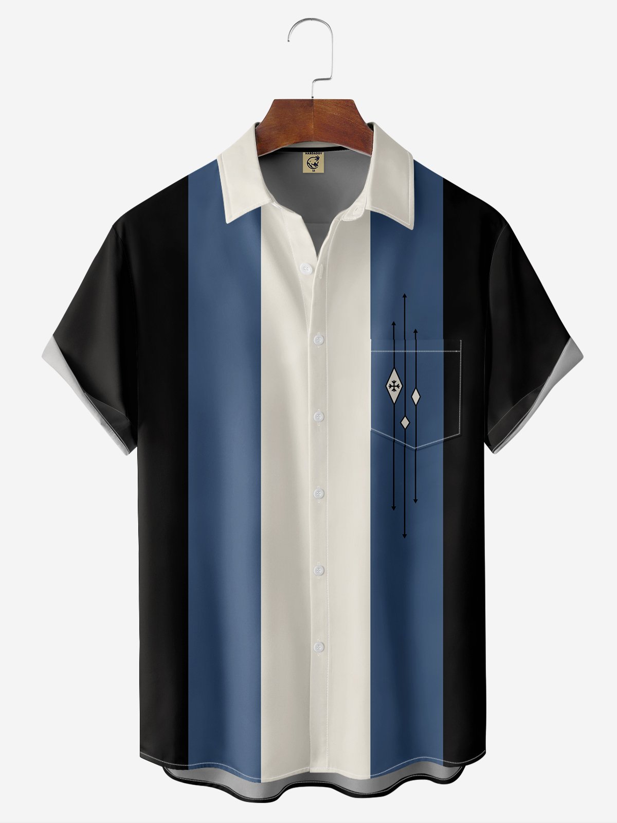 Hardaddy Mens Retro Geo Print Lapel Loose Short Sleeve Bowling Shirt