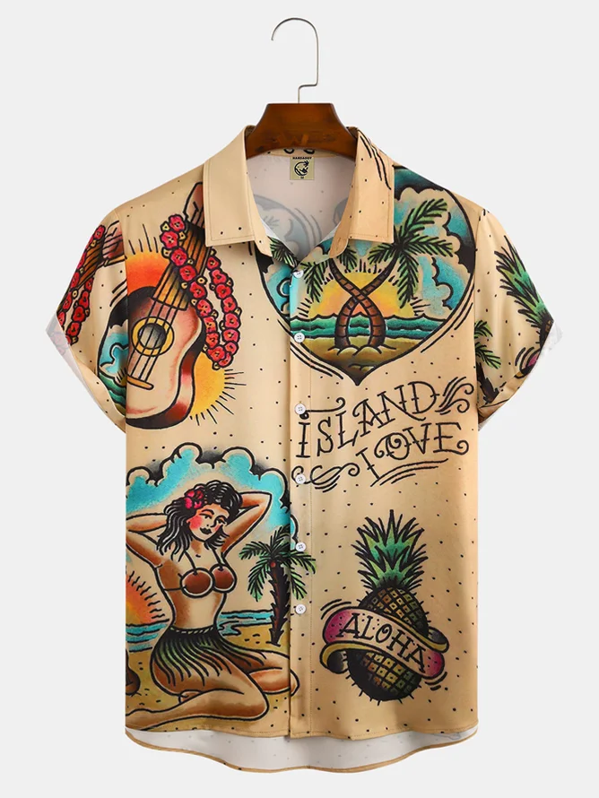 Hardaddy Mens Beach Print Casual Breathable Hawaiian Short Sleeve Shirt