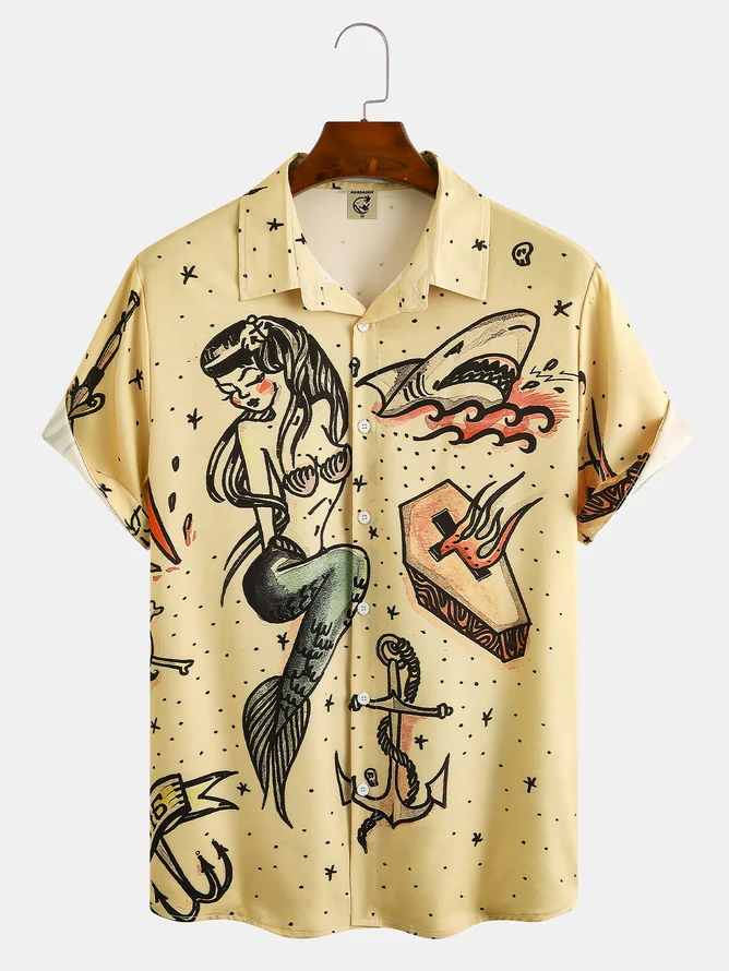 Hardaddy Men's Hawaiian Mermaid Ocean Element Retro Print Casual Breathable Short Sleeve Vintage Tattoo Hawaiian Shirt