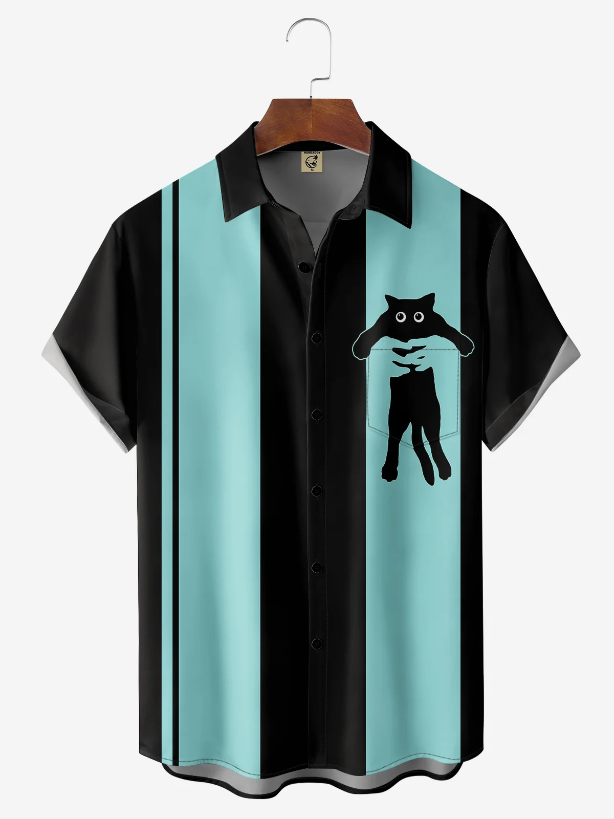 Hardaddy Moisture-wicking Black Cat Chest Pocket Bowling Shirt