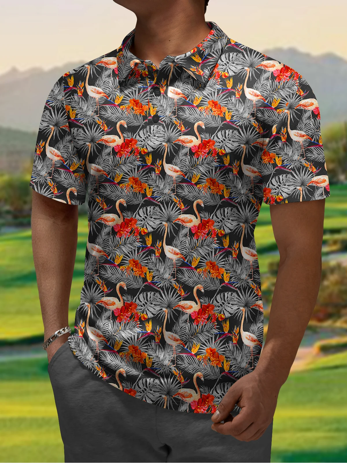Hardaddy Moisture-wicking Golf Polo Tropical Plants Flamingo