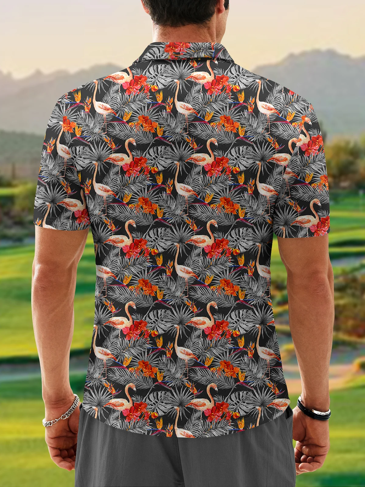Hardaddy Moisture-wicking Golf Polo Tropical Plants Flamingo