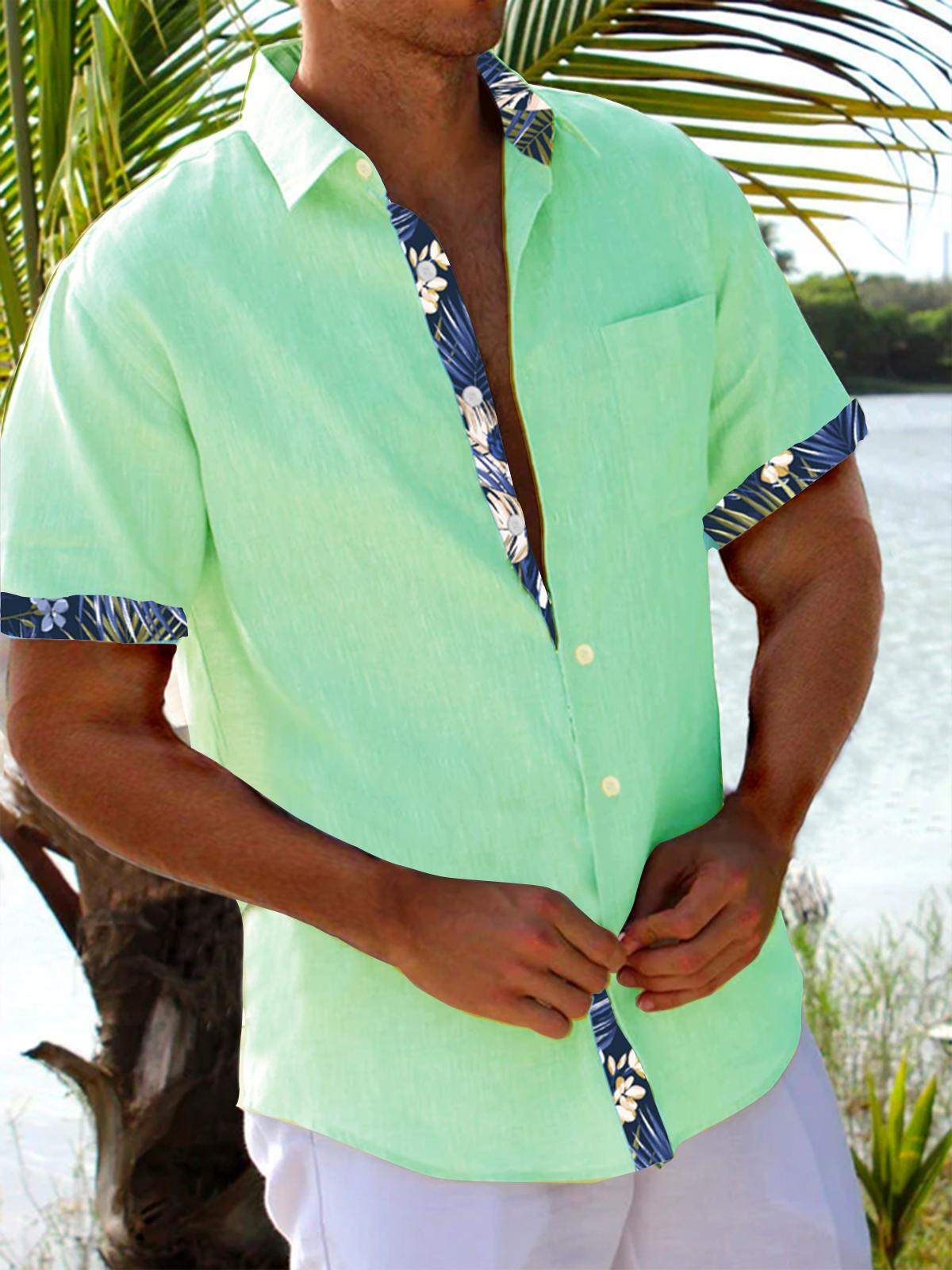 Hardaddy Cotton Patchwork Tropical Floral Casual Shirt