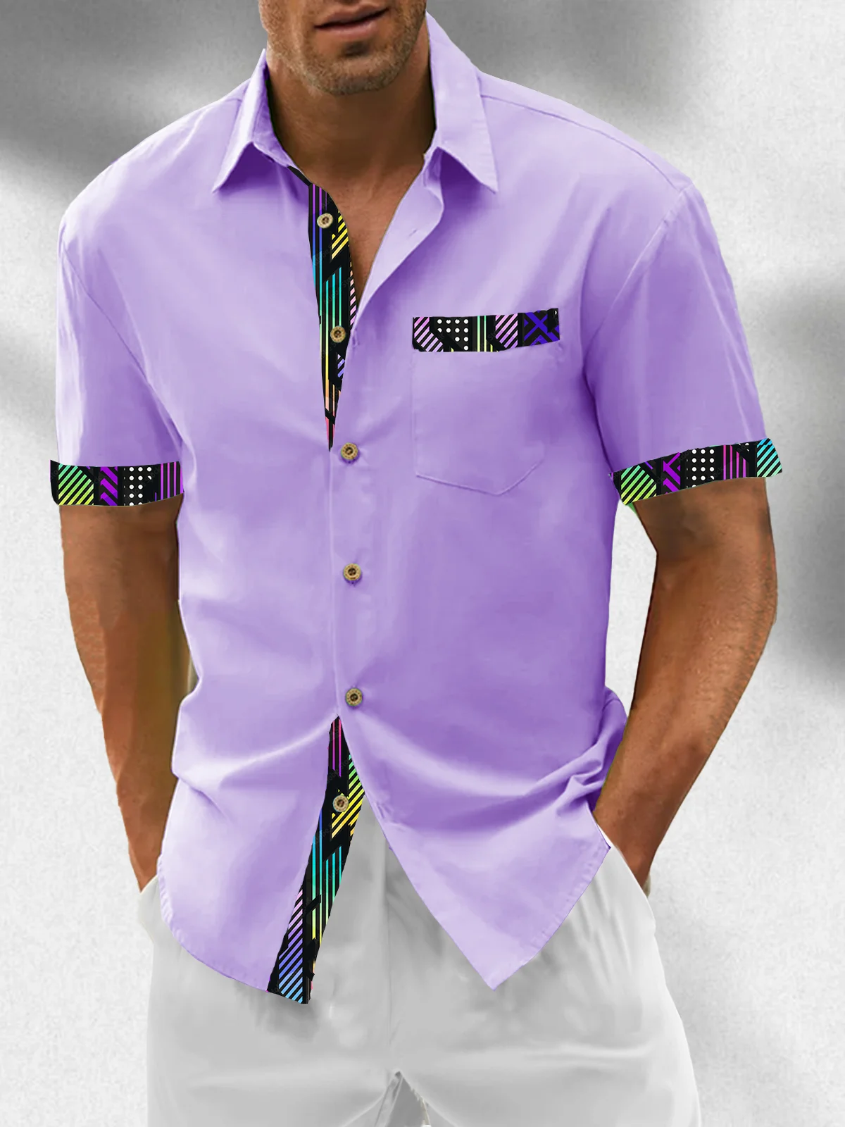 Hardaddy Cotton Plain Patchwork Contrasting Geometric Casual Shirt