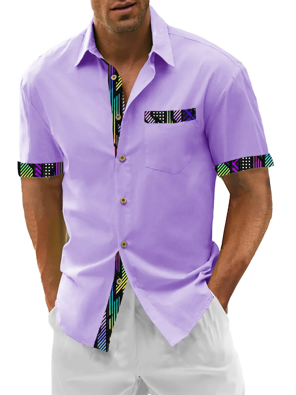 Hardaddy Cotton Plain Patchwork Contrasting Geometric Casual Shirt