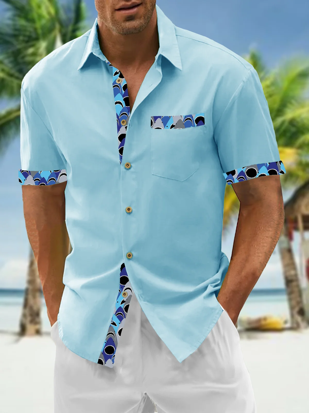 Hardaddy Cotton Plain Patchwork Contrasting Shark Casual Shirt