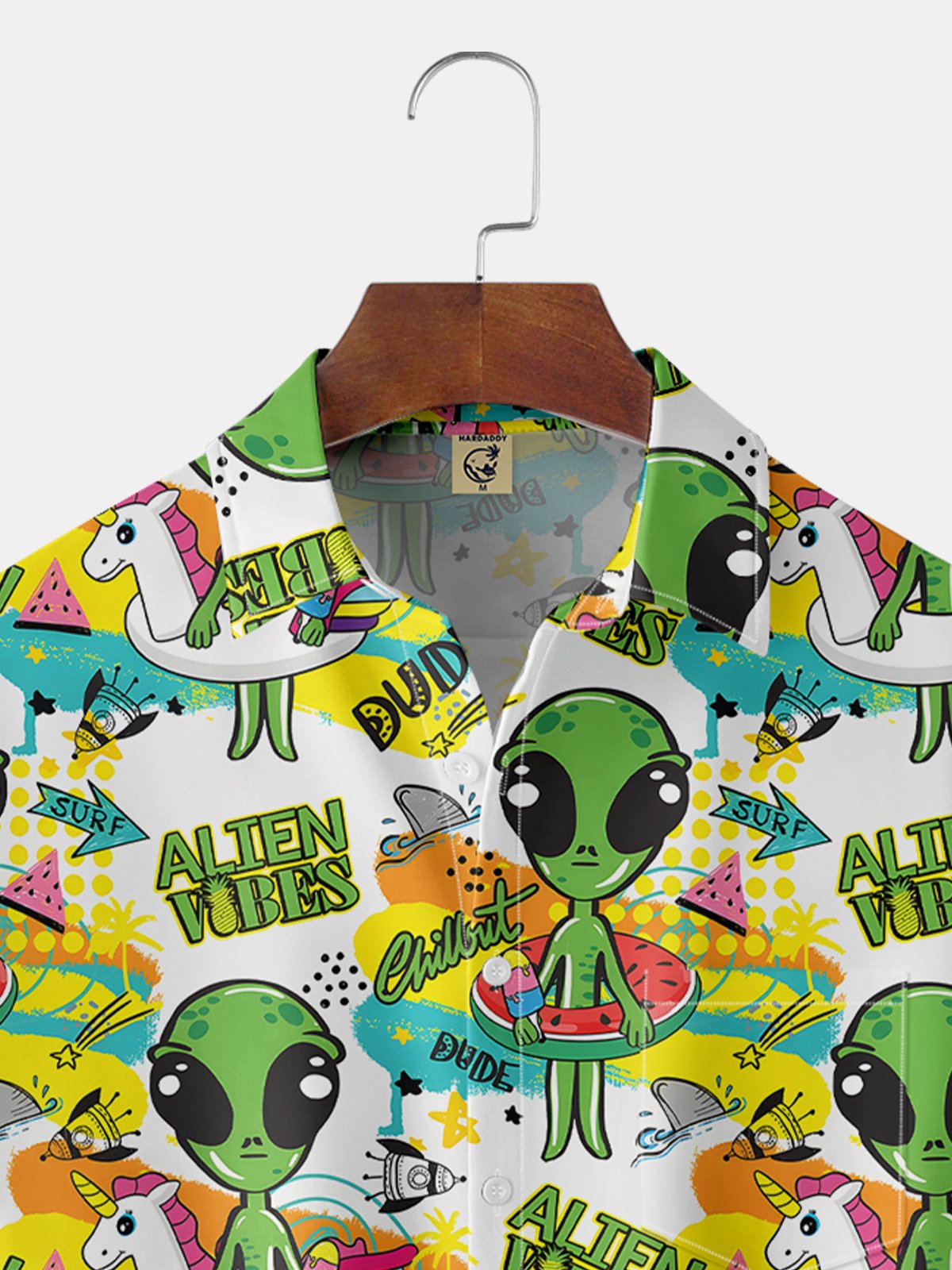 Moisture-wicking Fun Rainbow Horse Alien Chest Pocket Hawaiian Shirt