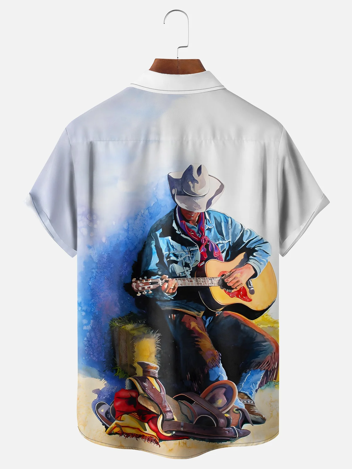 Hardaddy Breathable Wicking Western Cowboy Playing Guitar Aqua Drawing Chest Pocket Shirt