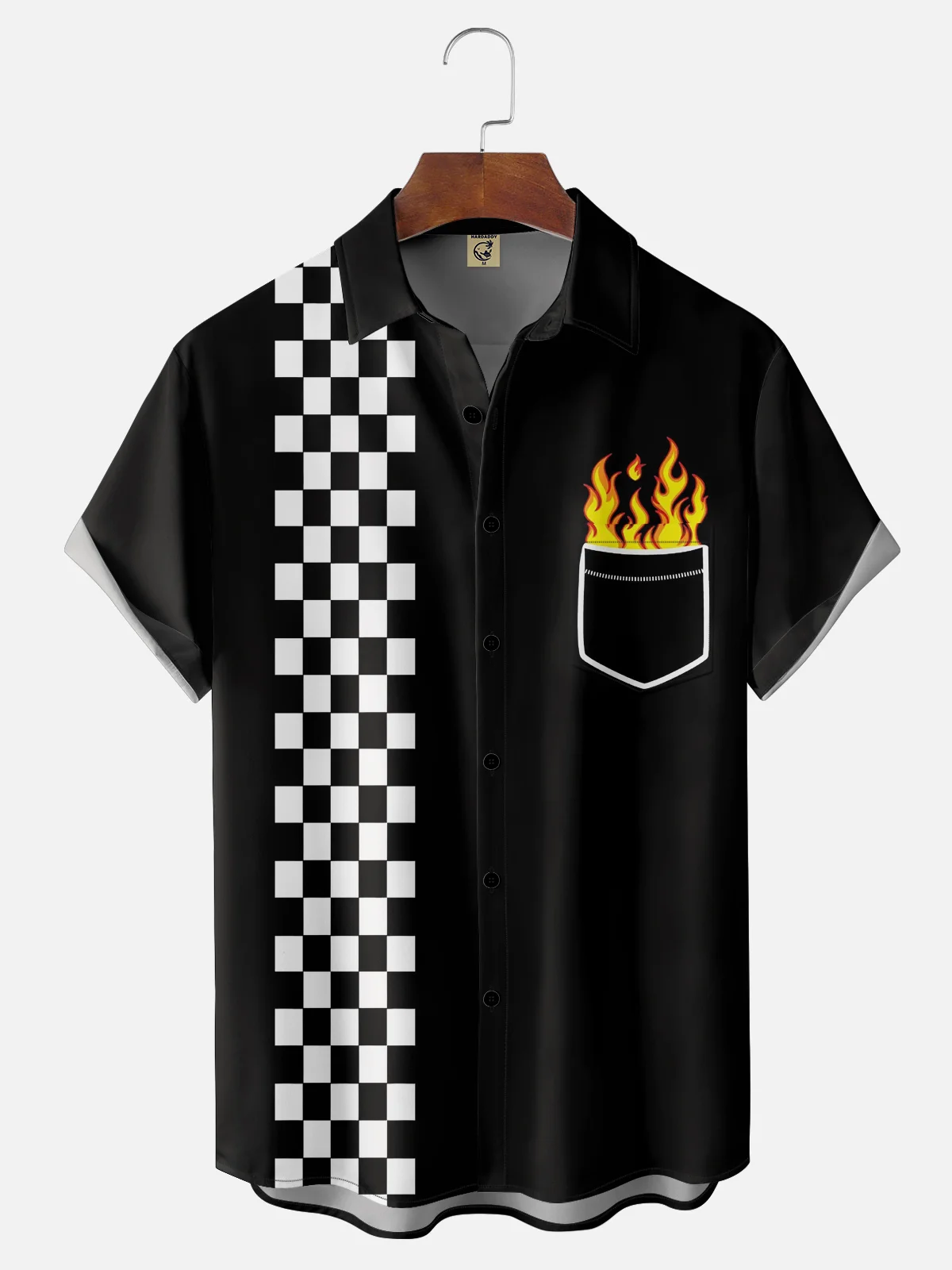 Hardaddy Black-white Plaid Racing Pocket Bowling Shirt