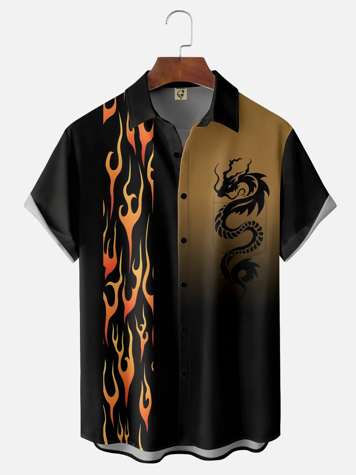 Hardaddy Breathable Wicking Flame Dragon Chest Pocket Bowling Shirt