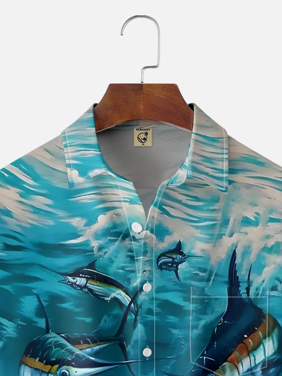 Hardaddy Breathable Marlins Fish Chest Pocket Hawaiian Shirt