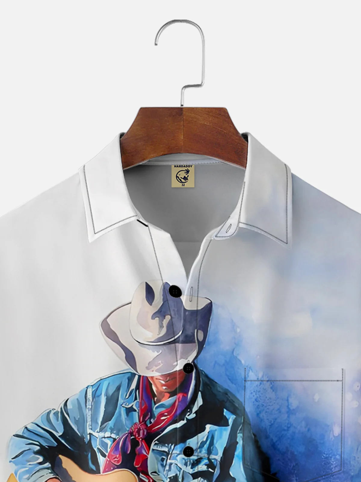 Hardaddy Breathable Wicking Western Cowboy Playing Guitar Aqua Drawing Chest Pocket Shirt