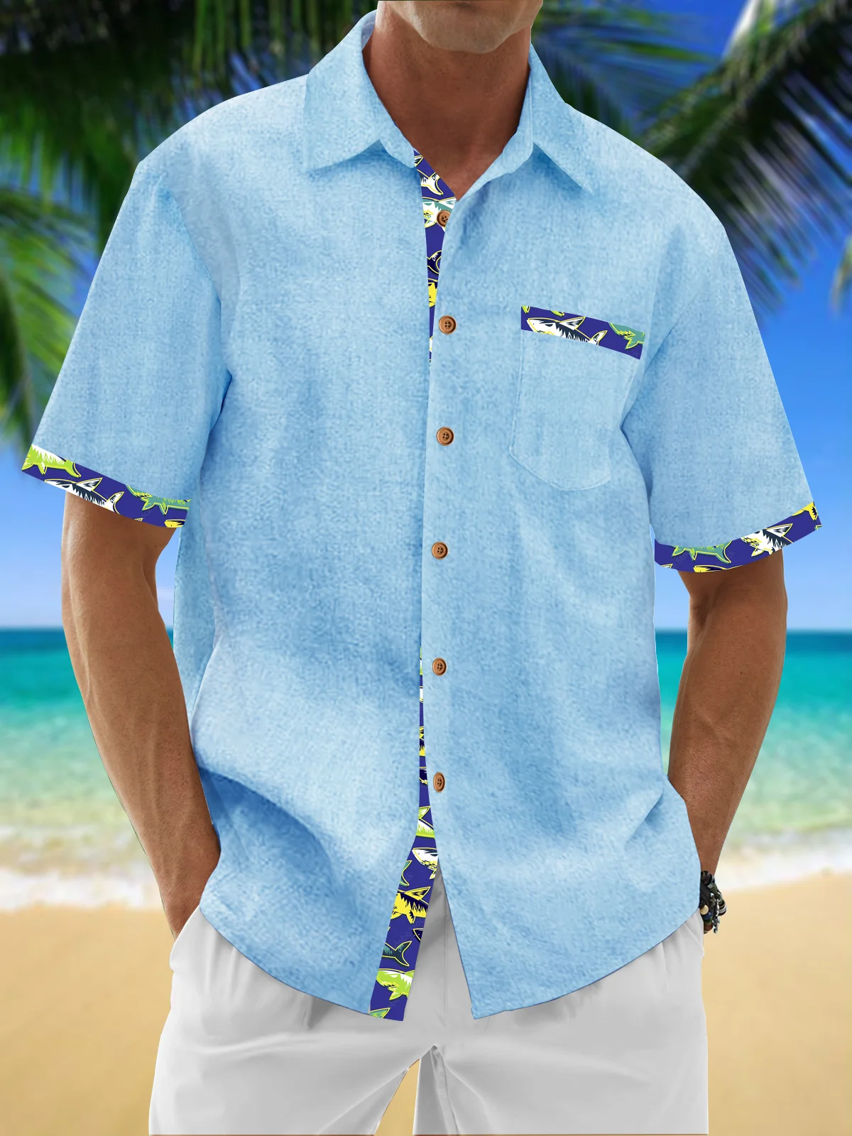 Hardaddy Cotton Patchwork Contrasting Shark Print Shirt