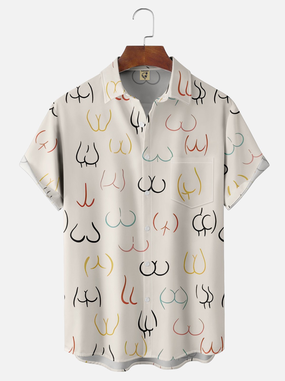 Hardaddy Moisture-wicking Abstract Line Drawing Chest Pocket Hawaiian Khaki Boob Shirt For Men