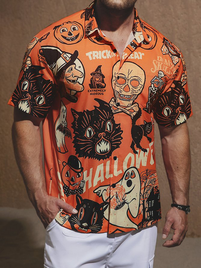 Hardaddy Men's Halloween Cat Ghost Witches Print Casual Breathable Short Sleeve Hawaiian Shirt