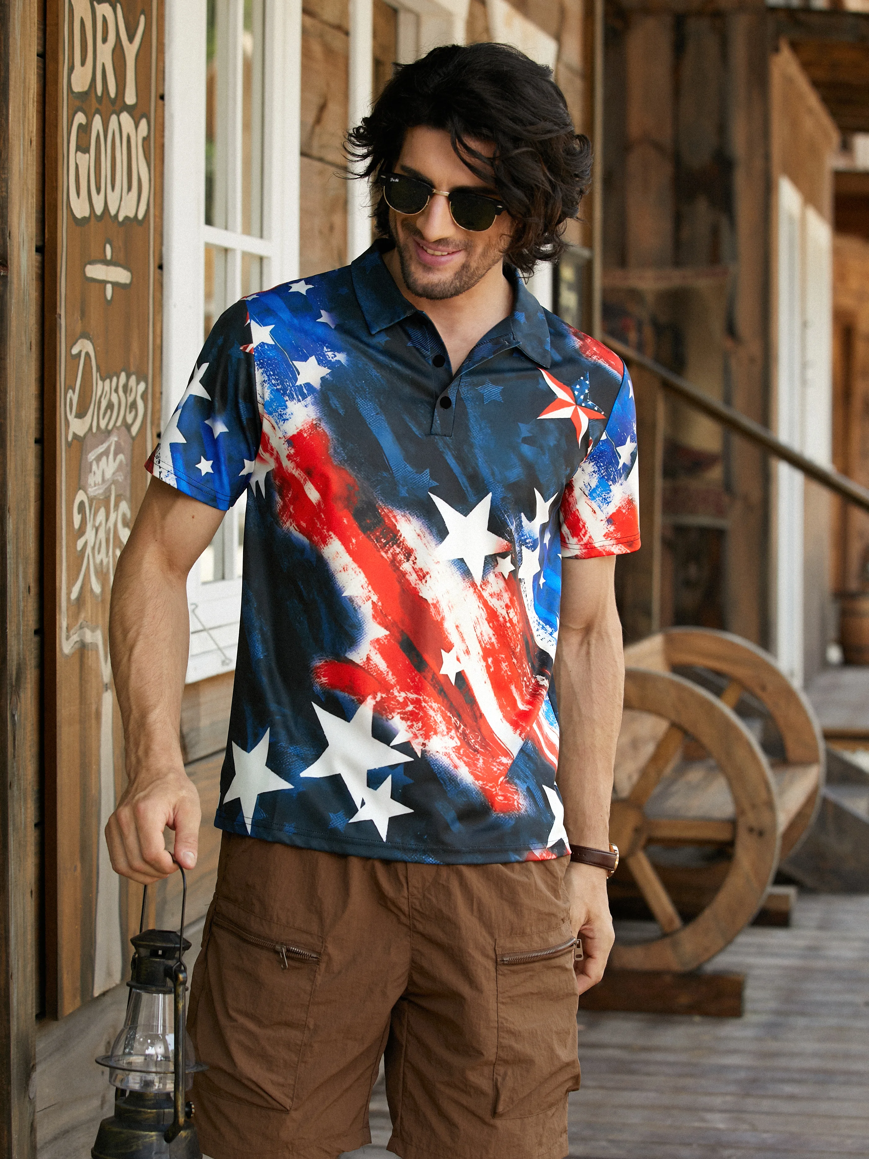 Hardaddy USA Flag Button Down Short Sleeve Polo Shirt