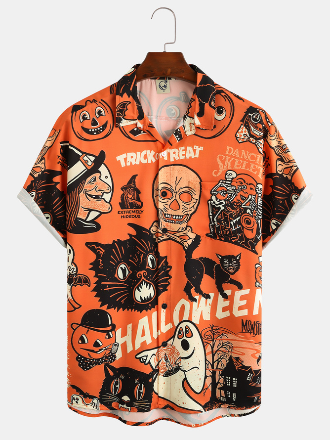 Hardaddy Men's Halloween Cat Ghost Witches Print Casual Breathable Short Sleeve Hawaiian Shirt