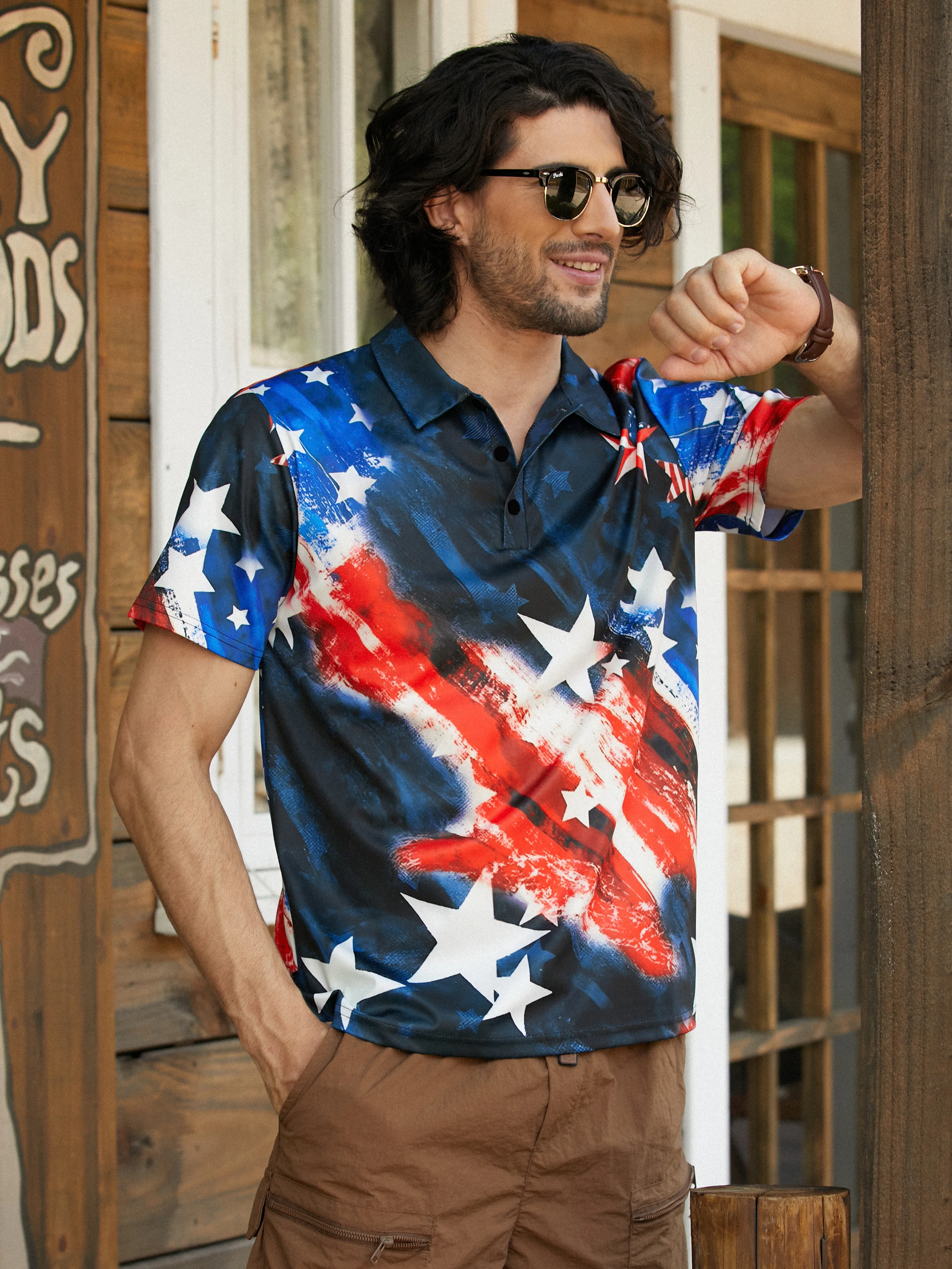 Hardaddy USA Flag Button Down Short Sleeve Polo Shirt