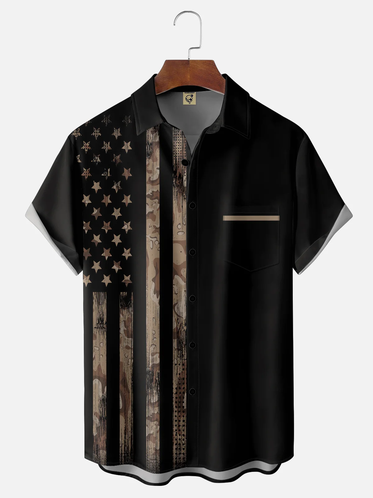 Hardaddy Mens American Flag Print Lapel Loose Short Sleeve Trendy Hawaiian Shirt