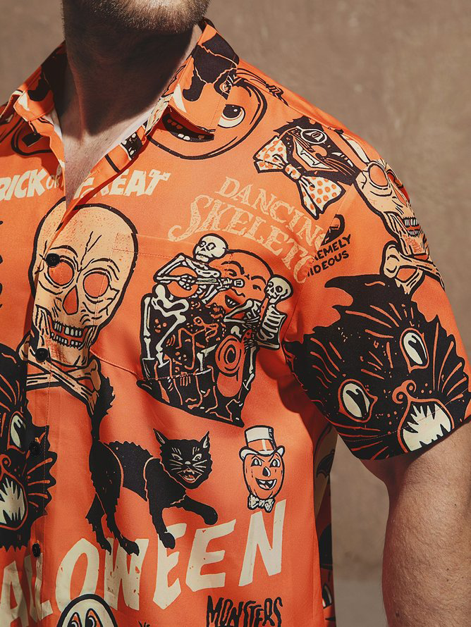 Hardaddy Men's Halloween Cat Ghost Witches Print Casual Breathable Short Sleeve Hawaiian Shirt