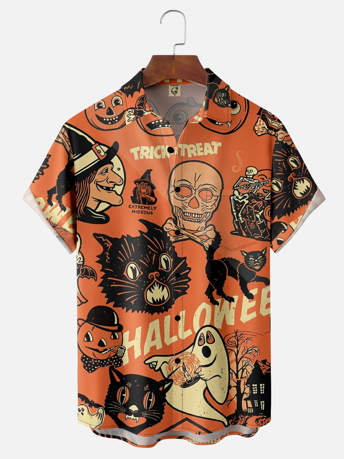 Hardaddy Men's Halloween Cat Ghost Witches Print Casual Breathable Short Sleeve Hawaiian Shirt