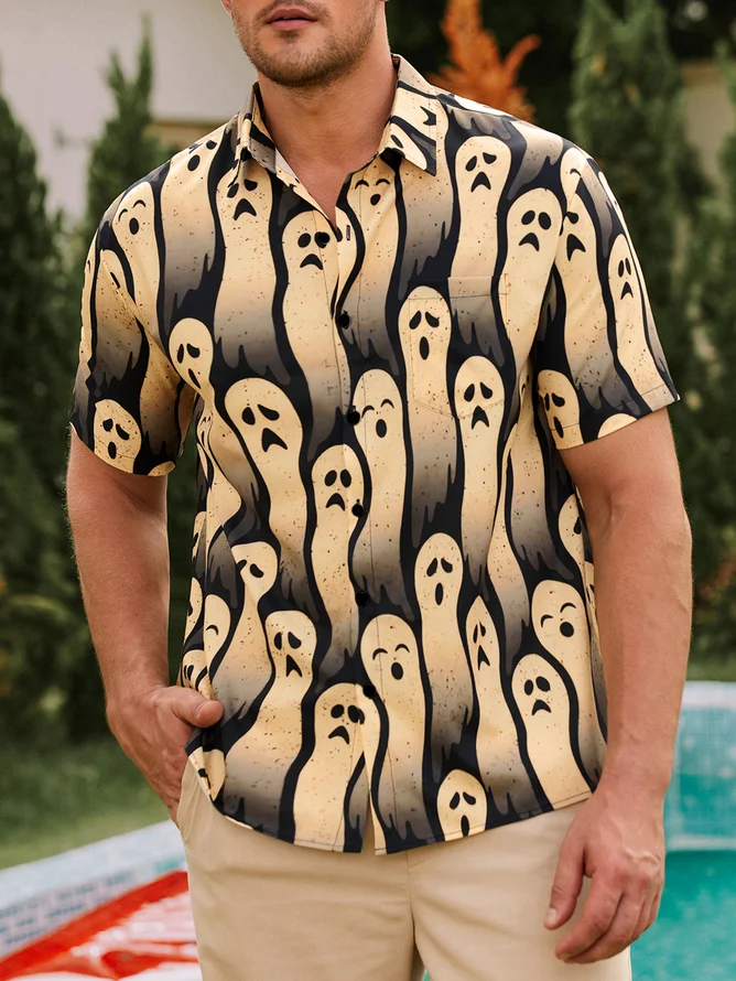 Men's Halloween Ghost Print Casual Short Sleeve Hawaiian Shirt with Chest Pocket