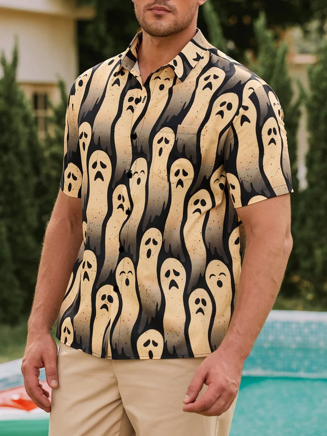 Men's Halloween Ghost Print Casual Short Sleeve Hawaiian Shirt with Chest Pocket