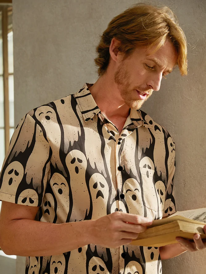 Men's Halloween Ghost Print Casual Short Sleeve Hawaiian Shirt with Chest Pocket