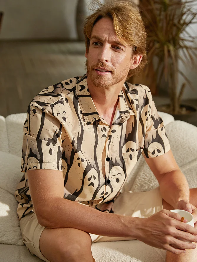 Men's Halloween Ghost Print Casual Short Sleeve Hawaiian Shirt with Chest Pocket