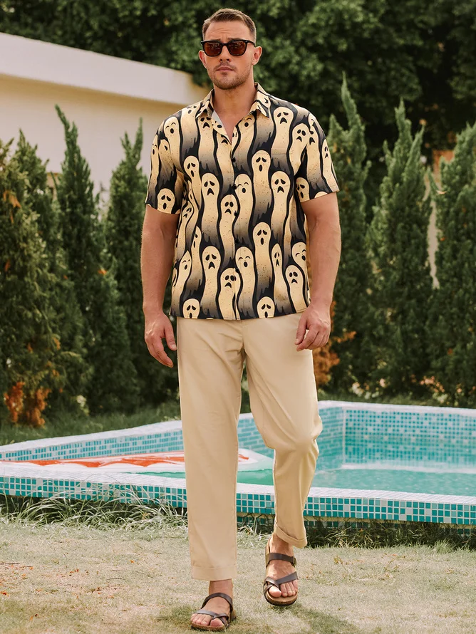 Men's Halloween Ghost Print Casual Short Sleeve Hawaiian Shirt with Chest Pocket