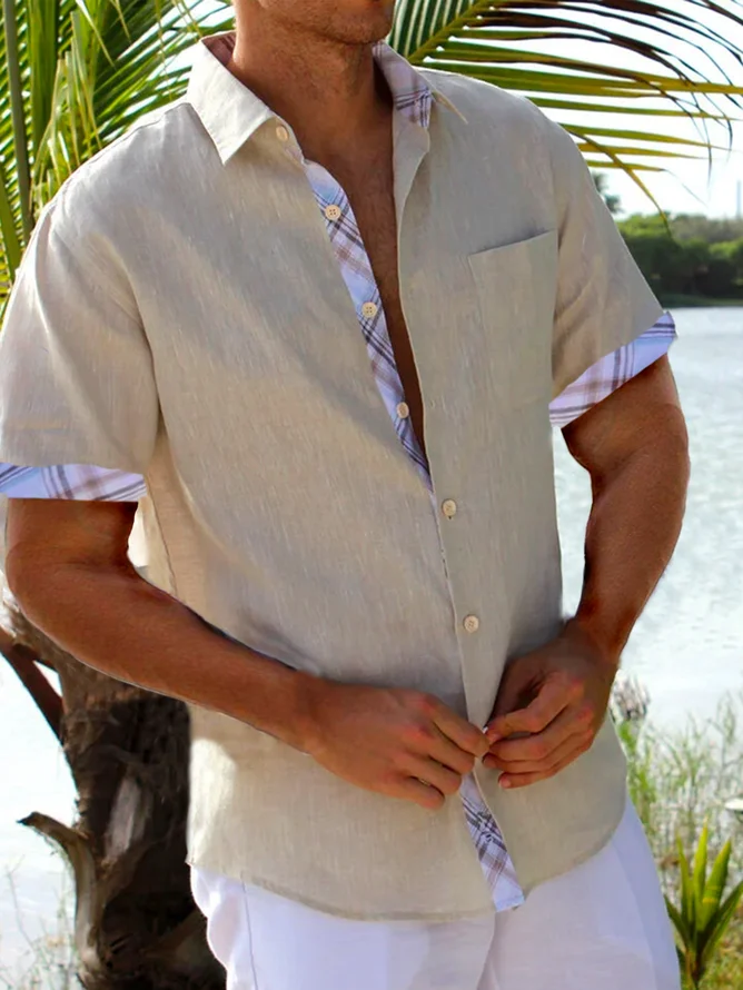 Tall Size Plaid Panel Short Sleeve Casual Shirt