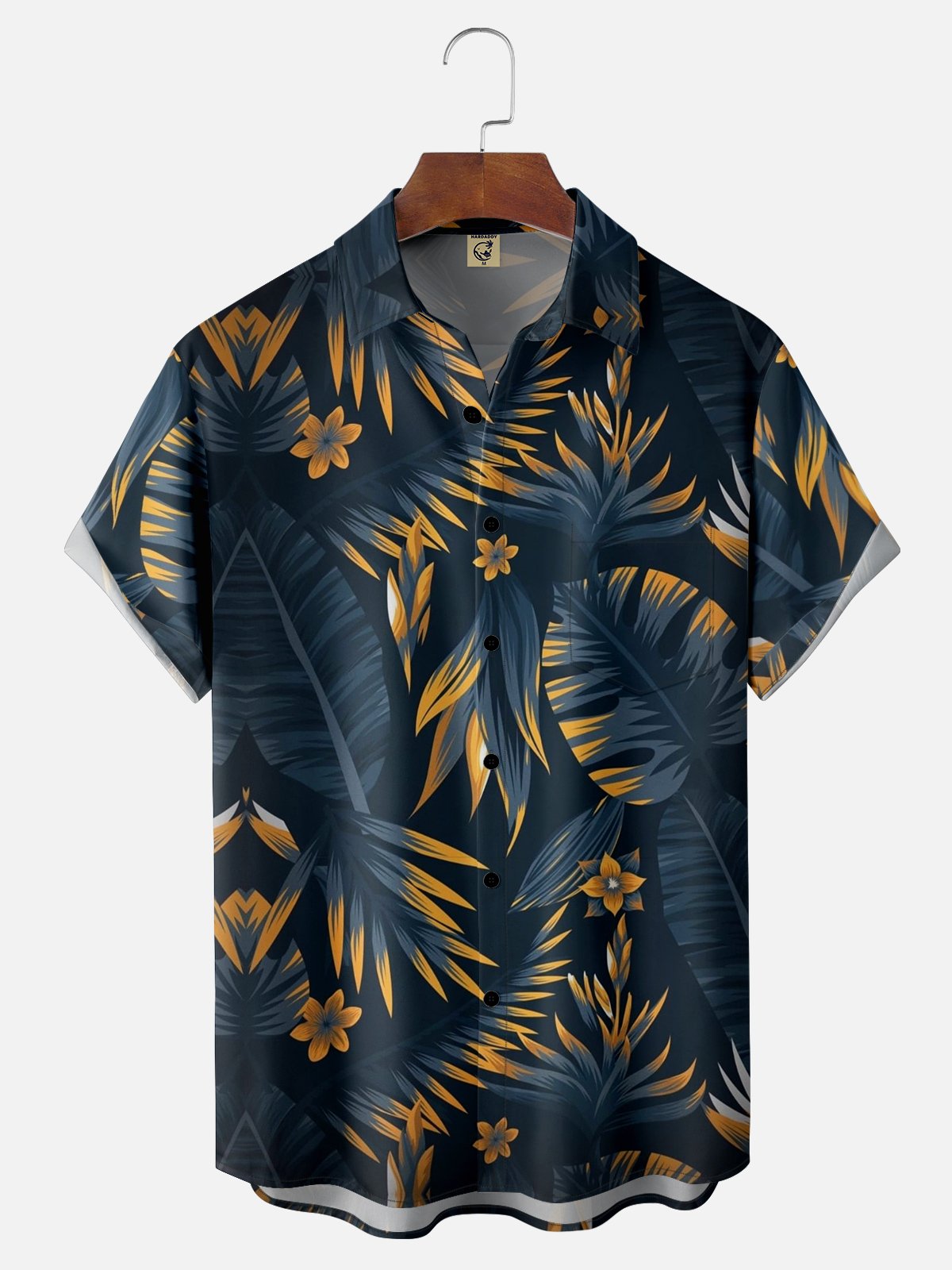 Hardaddy Mens Hawaiian Leaves Print Lapel Loose Chest Pockets Short Sleeve Funky Aloha Shirt