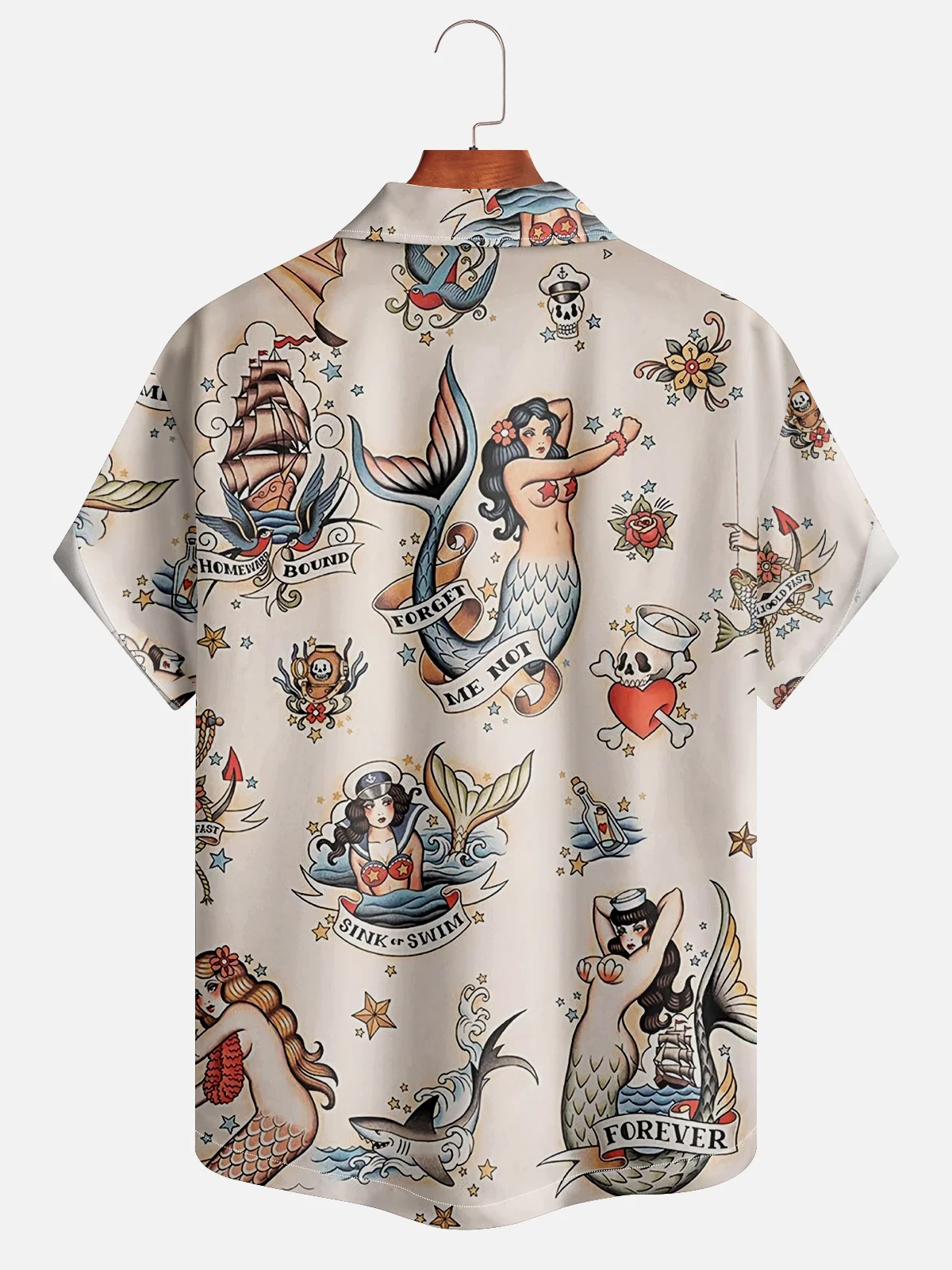 Hardaddy Mens Mermaid Print Front Buttons Soft Breathable Loose Casual Hawaiian Shirt