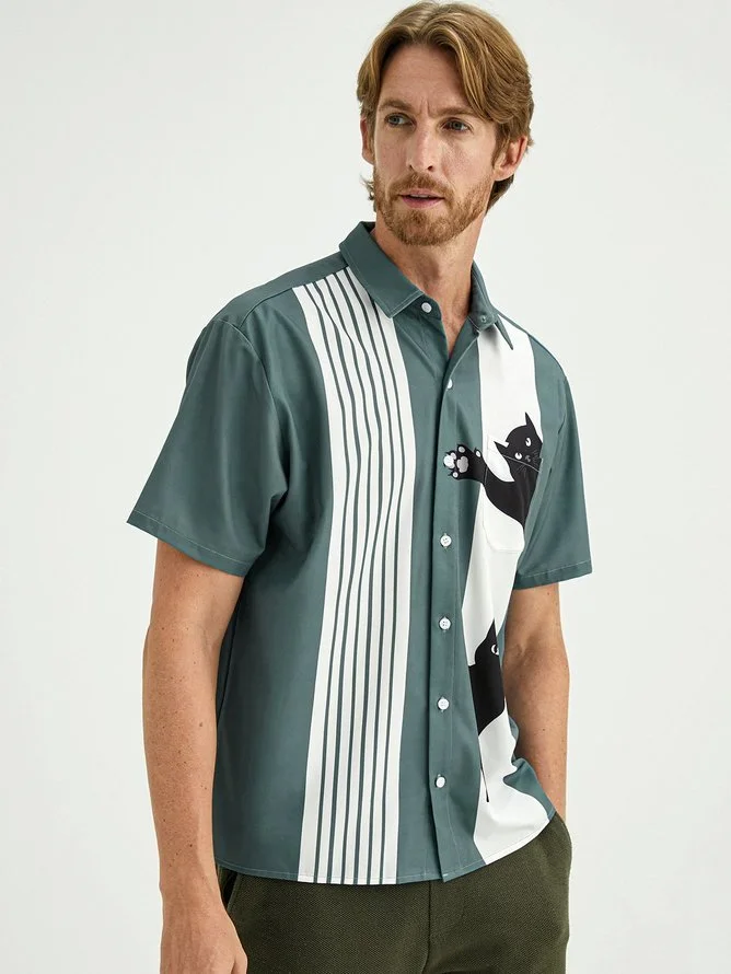 Tall Size Moisture wicking Cat Chest Pocket Short Sleeve Bowling Shirt