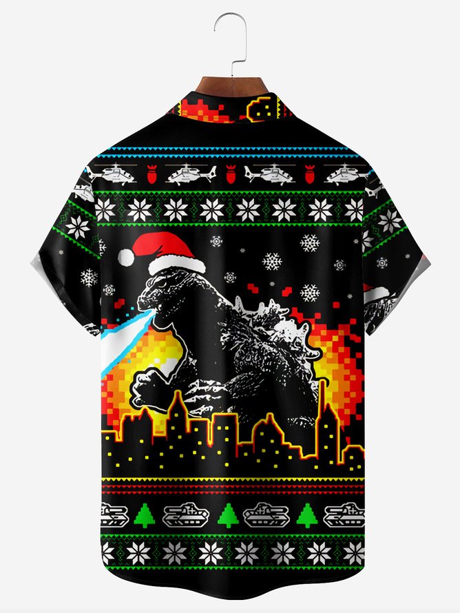 Tall Size Moisture-wicking Christmas Dinosaur Chest Pocket Holiday Shirt