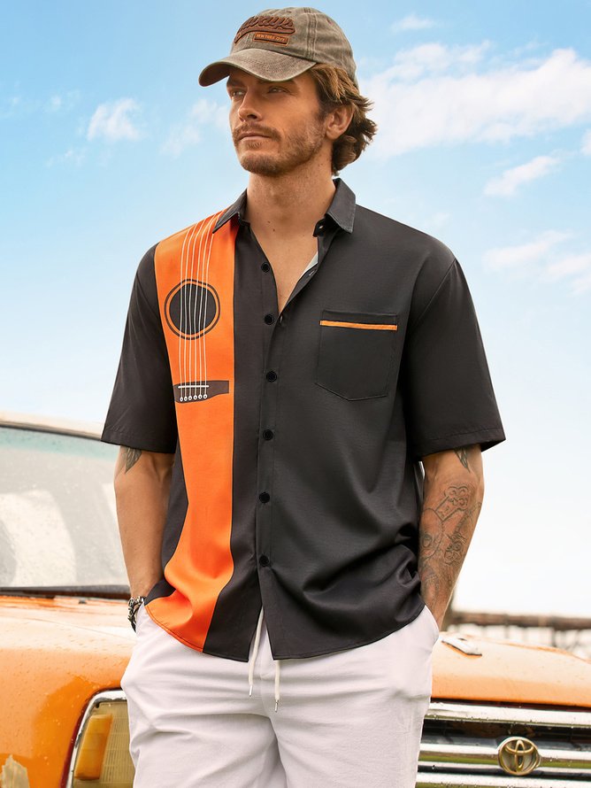 Hardaddy Men's Music Print Casual Short Sleeve Hawaiian Shirt