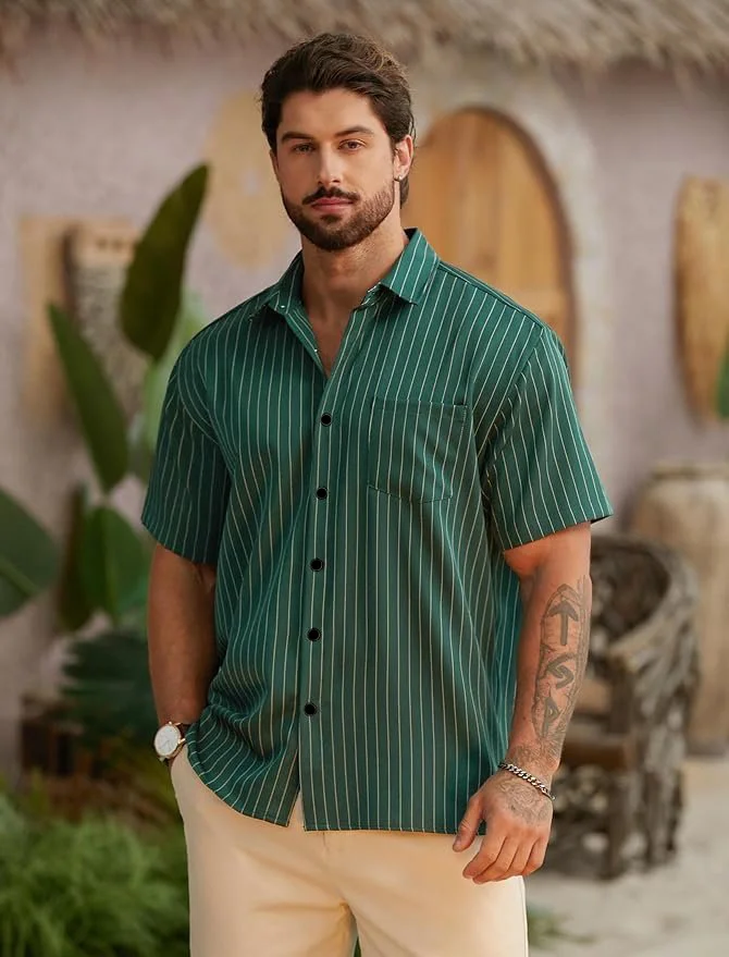 Striped Chest Pocket Short Sleeve Casual Shirt