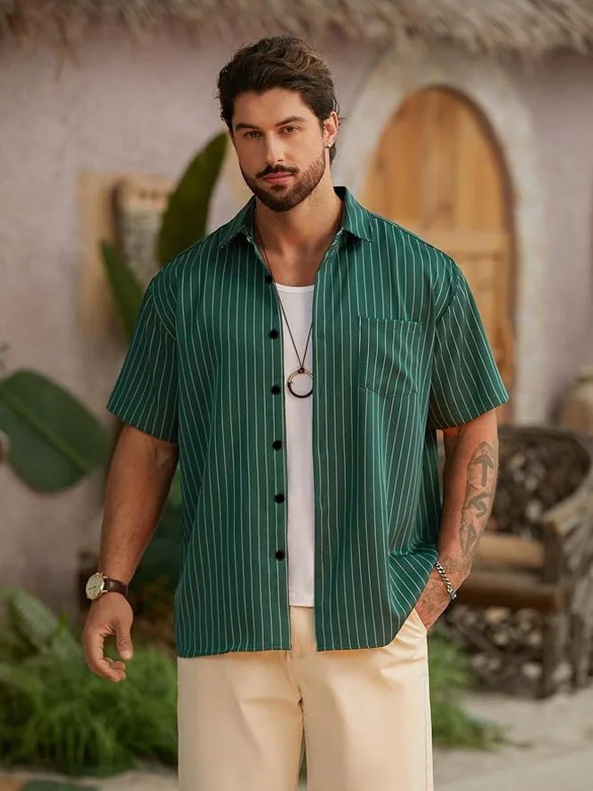 Striped Chest Pocket Short Sleeve Casual Shirt