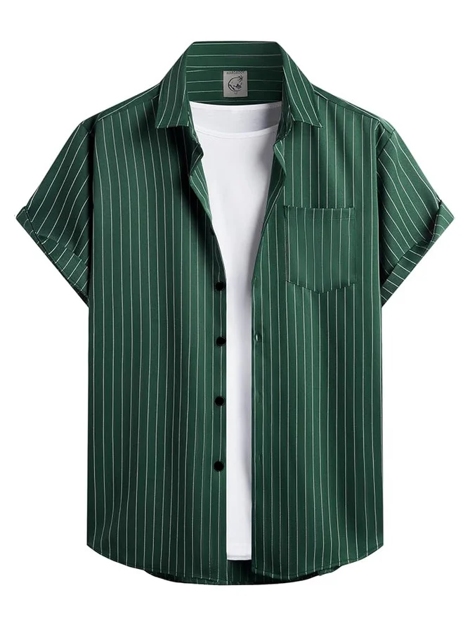 Striped Chest Pocket Short Sleeve Casual Shirt