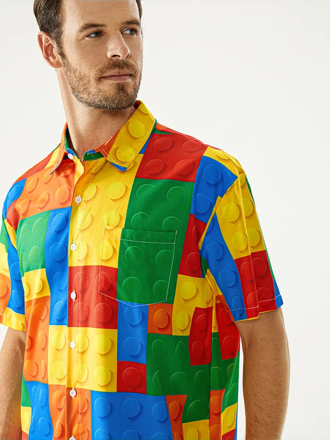 Tall Size Moisture-wicking Geomatric Cube Chest Pocket Casual Shirt